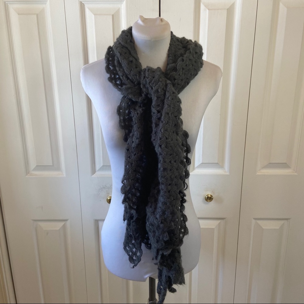 Gray Ruffle Flounce Crochet Eyelet Scarf OSFA